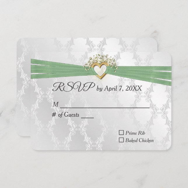 Wedding RSVP Sage Ribbon In Heart On Satin (Front/Back)