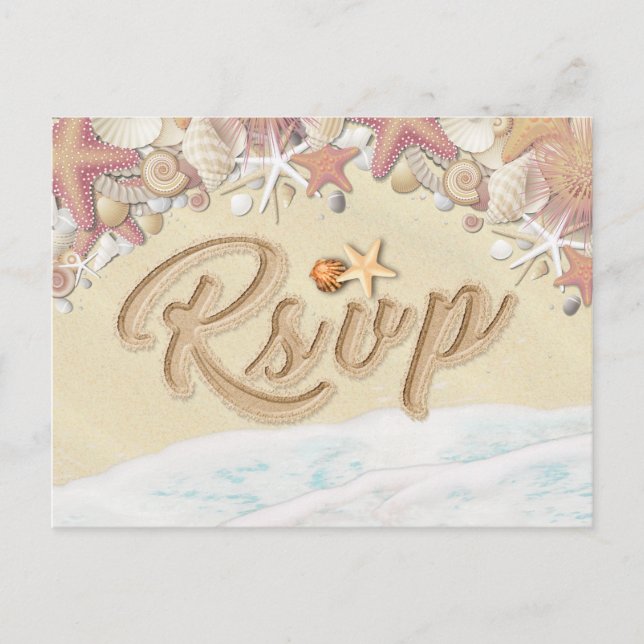 Wedding RSVP Summer Sandy Beach Starfish Seashell Invitation Postcard (Front)