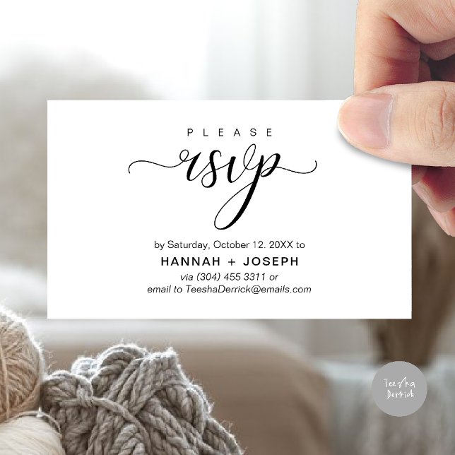 Wedding RSVP via Phone or email respond Enclosure Card (Wedding invitation RSVP via Phone or email respond reminder Enclosure Card in aesthetic White Black)