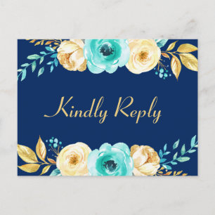 Wedding RSVP - Watercolor Navy Blue Gold Floral Invitation Postcard
