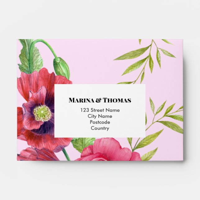Wedding RSVP Watercolor Pink Roses Red Poppies Envelope (Front)