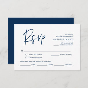 Wedding RSVP, with meal options, Navy Blue font Enclosure Card