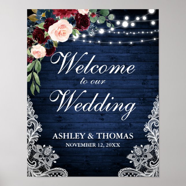 Wedding Rustic Blue Wood Lace Burgundy Blue Floral Poster (Front)