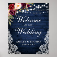 Wedding Rustic Blue Wood Lights Lace Burgundy