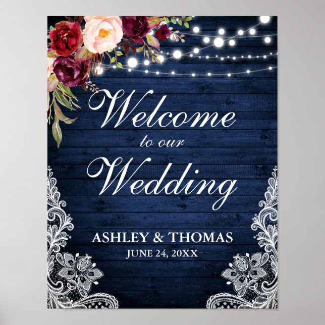Wedding Rustic Blue Wood Lights Lace Burgundy Poster (Front)