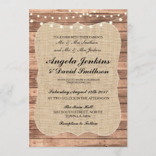 Wedding Rustic Burlap Wood Lights Barn BBQ Invite