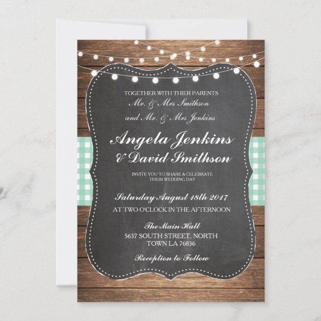 Wedding Rustic Chalk Mint Wood Lights Barn Invite (Front)