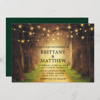 Wedding Rustic Forest Path String Lights Green Invitation
