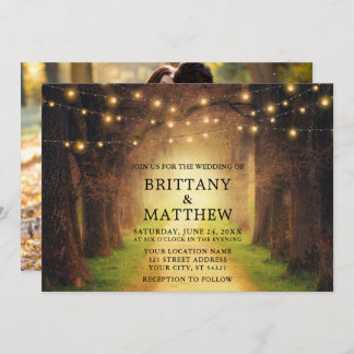 Wedding Rustic Forest Path String Lights Photo Invitation