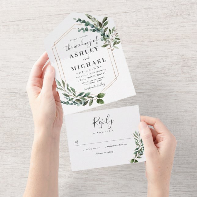 Wedding Rustic Geometric Green Nature Green Modern All In One Invitation (Tearaway)