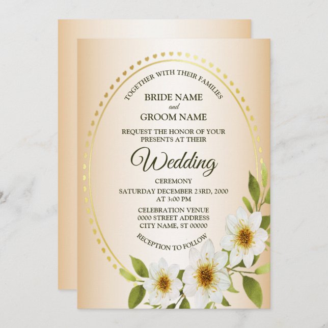 Wedding Rustic Golden Frame White Floral Peach Invitation (Front/Back)