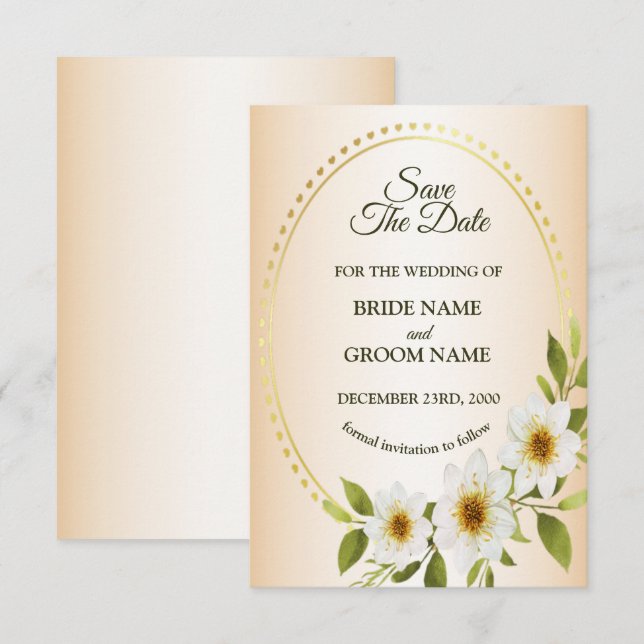 Wedding Rustic Golden Frame White Floral Peach Save The Date (Front/Back)