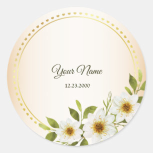 Wedding Rustic Golden Geometric White Floral Peach Classic Round Sticker