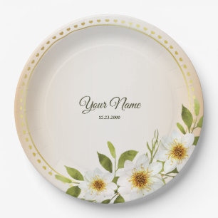 Wedding Rustic Golden Geometric White Floral Peach Paper Plate