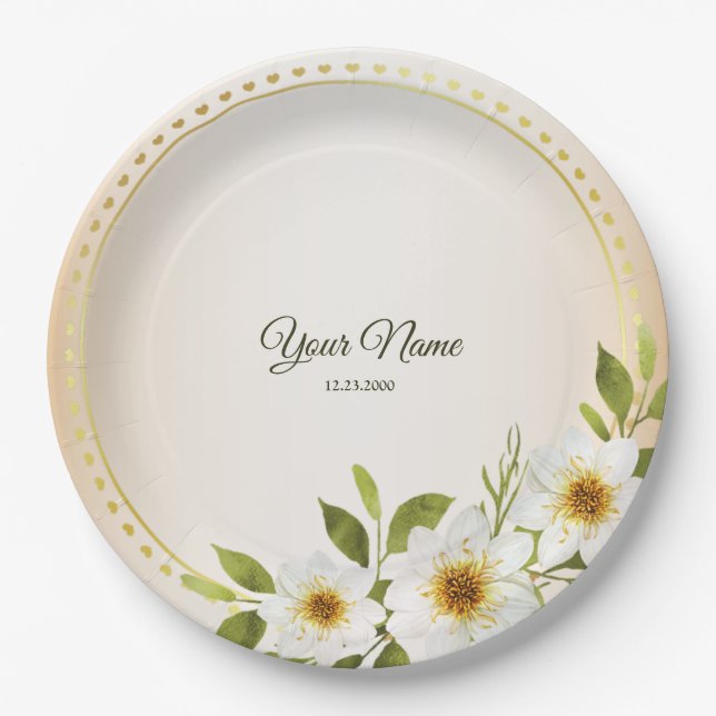 Wedding Rustic Golden Geometric White Floral Peach Paper Plate (Front)