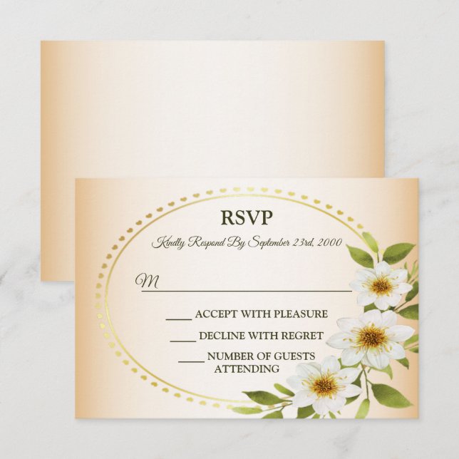 Wedding Rustic Golden Geometric White Floral Peach RSVP Card (Front/Back)