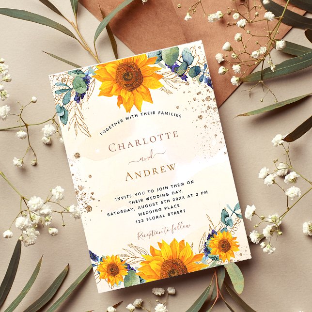 Wedding rustic sunflowers eucalyptus gold glitter invitation (Creator Uploaded)