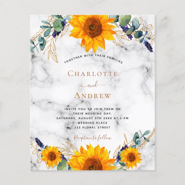 Wedding rustic sunflowers eucalyptus marble budget flyer (Front)