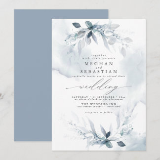 Wedding Rustic Watercolor Dusty Blue Foliage Invitation
