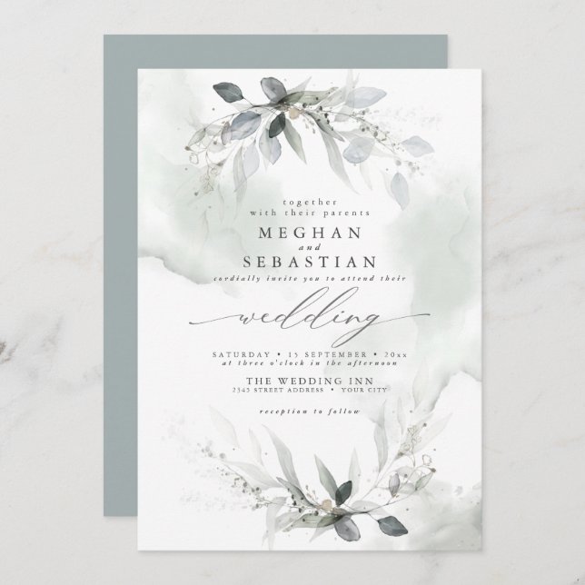Wedding Rustic Watercolor Greenery Dusty Green  Invitation (Front/Back)