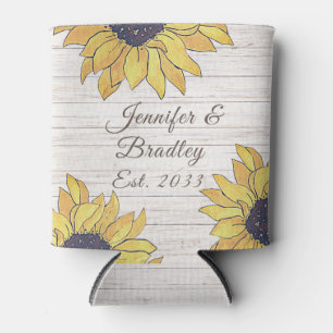 Wedding Rustic White Wood Chic Yellow Sunflower Can Cooler