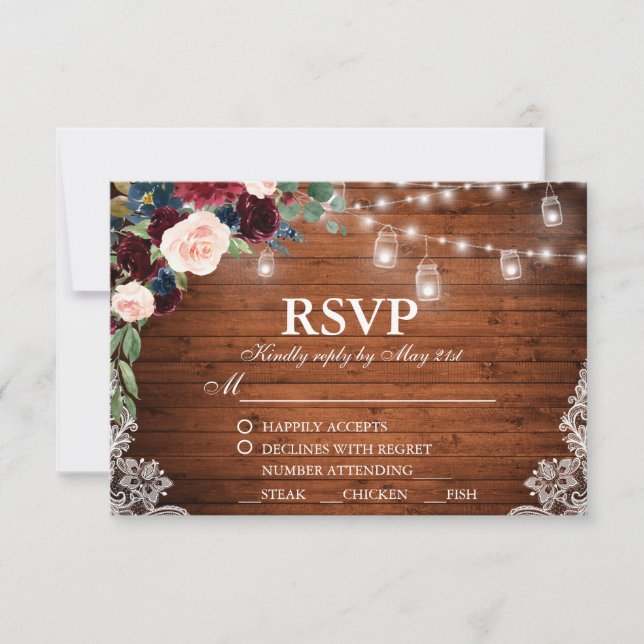 Wedding Rustic Wood Burgundy Blue Floral RSVP Meal Card (Front)