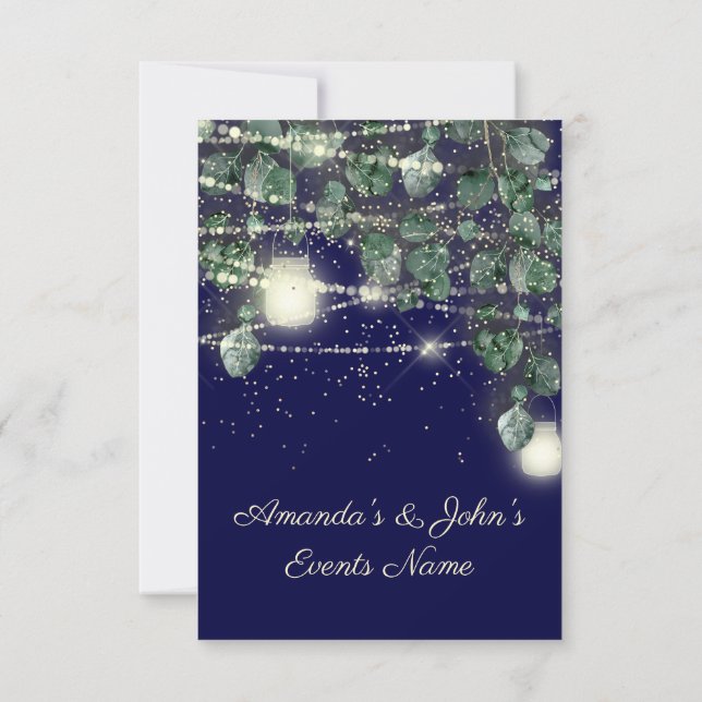 Wedding Rustic Wood Golden Hearts Lights Navy Invitation (Back)