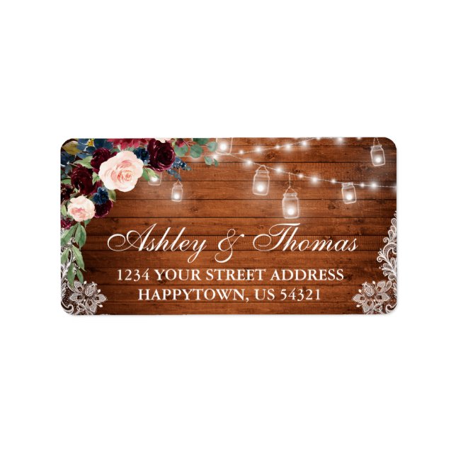 Wedding Rustic Wood Jar Lights Lace Floral Address Label (Front)