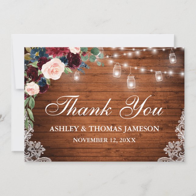 Wedding Rustic Wood Jar Lights Lace Floral Thank You Card (Front)