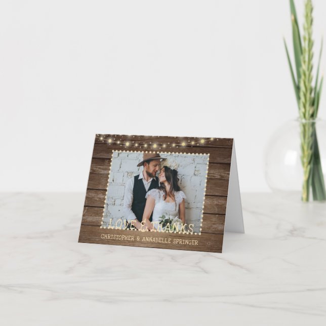 Wedding Rustic Wood Lights 2 Photo Thank You Card (Front)