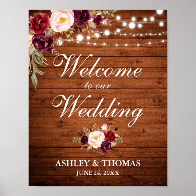 Wedding Rustic Wood Lights Burgundy Floral Poster (Front)