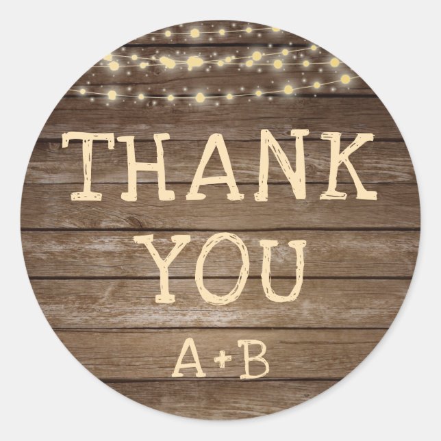 Wedding Rustic Wood Lights Initials THANK YOU Classic Round Sticker (Front)