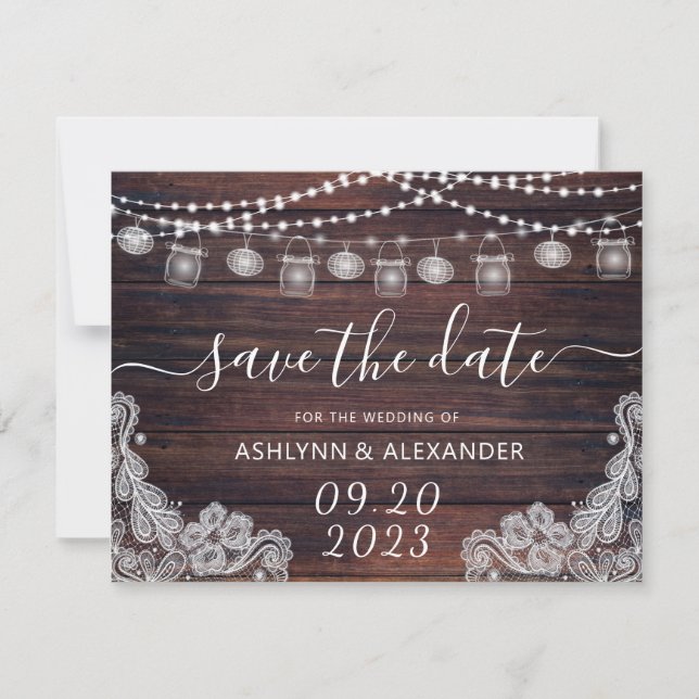 Wedding Rustic Wood Mason Jar Lights SAVE THE DATE (Front)