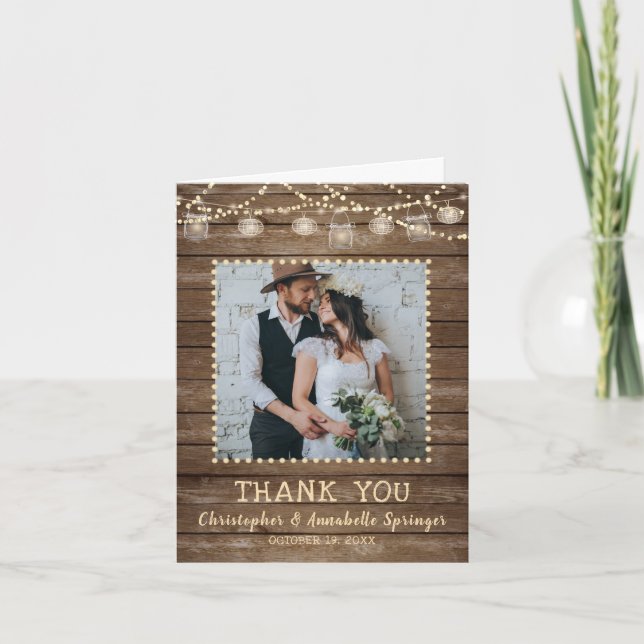 Wedding Rustic Wood Mason Jar Lights Thank You Card (Front)