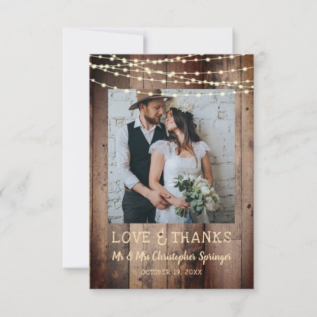 Wedding Rustic Wood String Lights Photo Thank You Card (Front)