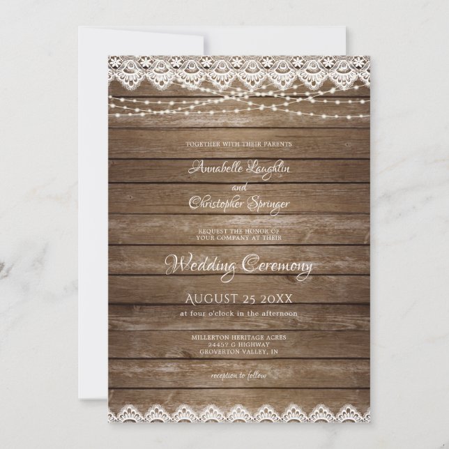 Wedding Rustic Wood White Lace String Lights Invitation (Front)