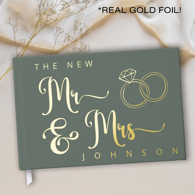Wedding Sage Green and Gold Foil Guestbook (Real Gold Foil and sage green wedding guestbook with rings and script typography)