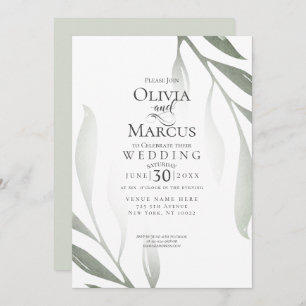 Wedding   Sage Green Olive Branch Watercolor Leaf Invitation