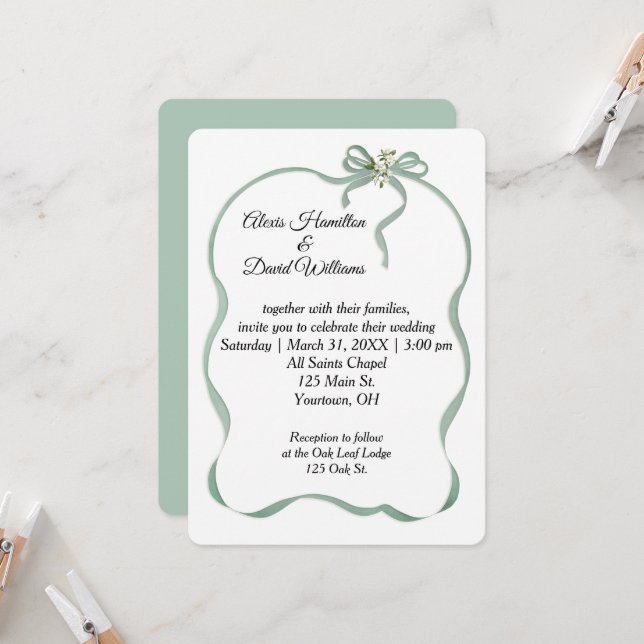 Wedding Sage Green Ribbon Frame and Bow Invitation (Front/Back In Situ)