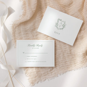 Wedding Sage Green Script Crest Monogram RSVP Card