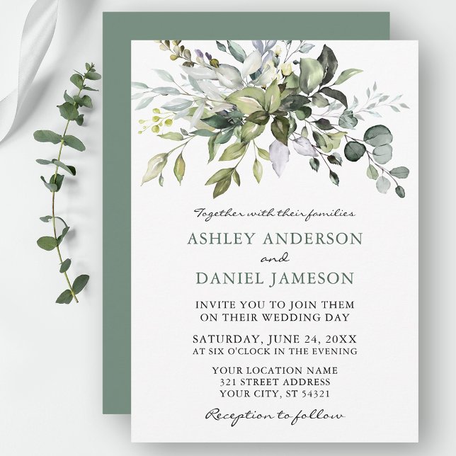 Wedding Sage Green Watercolor Botanical Greenery Invitation (Customize to change text color, style, add text & photos to back or change color of back of card.)