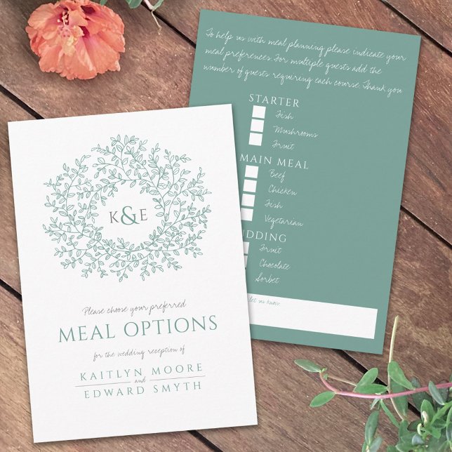 Wedding sage grey green leaf monogram meal options enclosure card (Creator Uploaded)