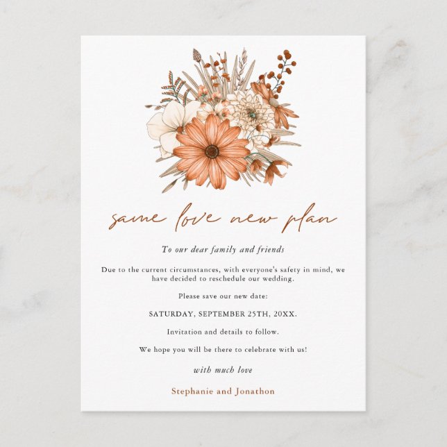 Wedding Same Love New Plan Date Autumn Florals Announcement Postcard (Front)