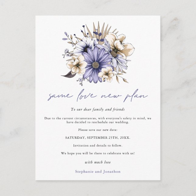 Wedding Same Love New Plan Date Purple Floral Announcement Postcard (Front)