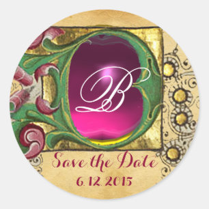 WEDDING SAVE DATE FLORAL PARCHMENT GEM MONOGRAM CLASSIC ROUND STICKER