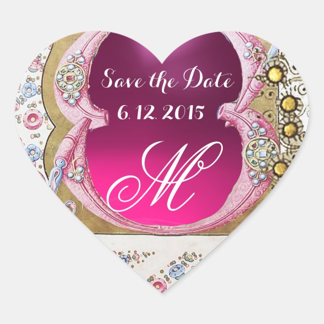 WEDDING SAVE DATE FLORAL PARCHMENT GEMSTONE HEART STICKER (Front)