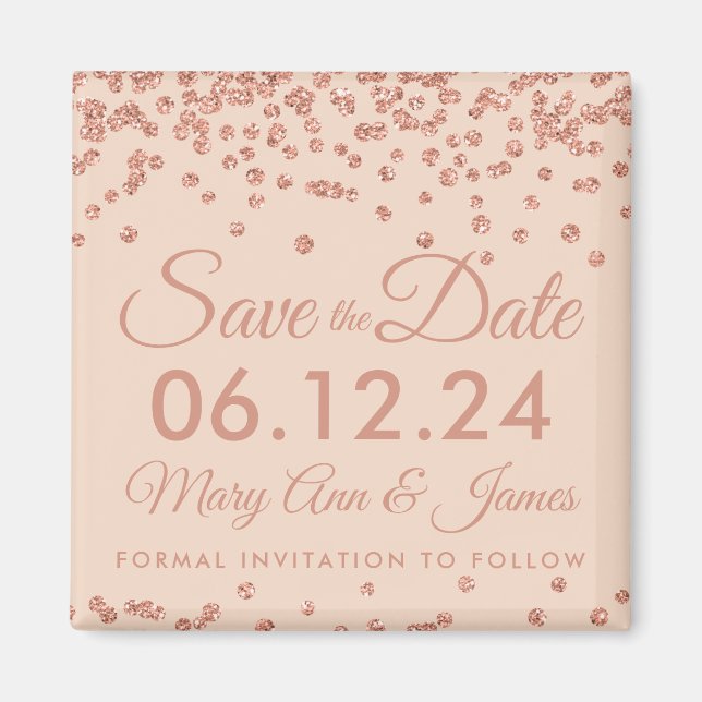 Wedding Save Date Rose Gold Glitter Confetti Blush Magnet (Front)