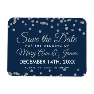 Wedding Save Date Silver Glitter Confetti Navy Magnet