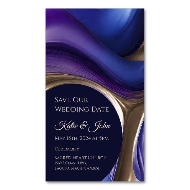 Wedding Save our Date- Modern Blue Purple Gold- Magnetic Business Card (Front Vertical)
