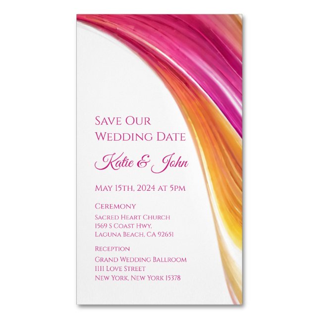 Wedding Save our Date- Modern-Pink Orange Yellow- Magnetic Business Card (Front Vertical)